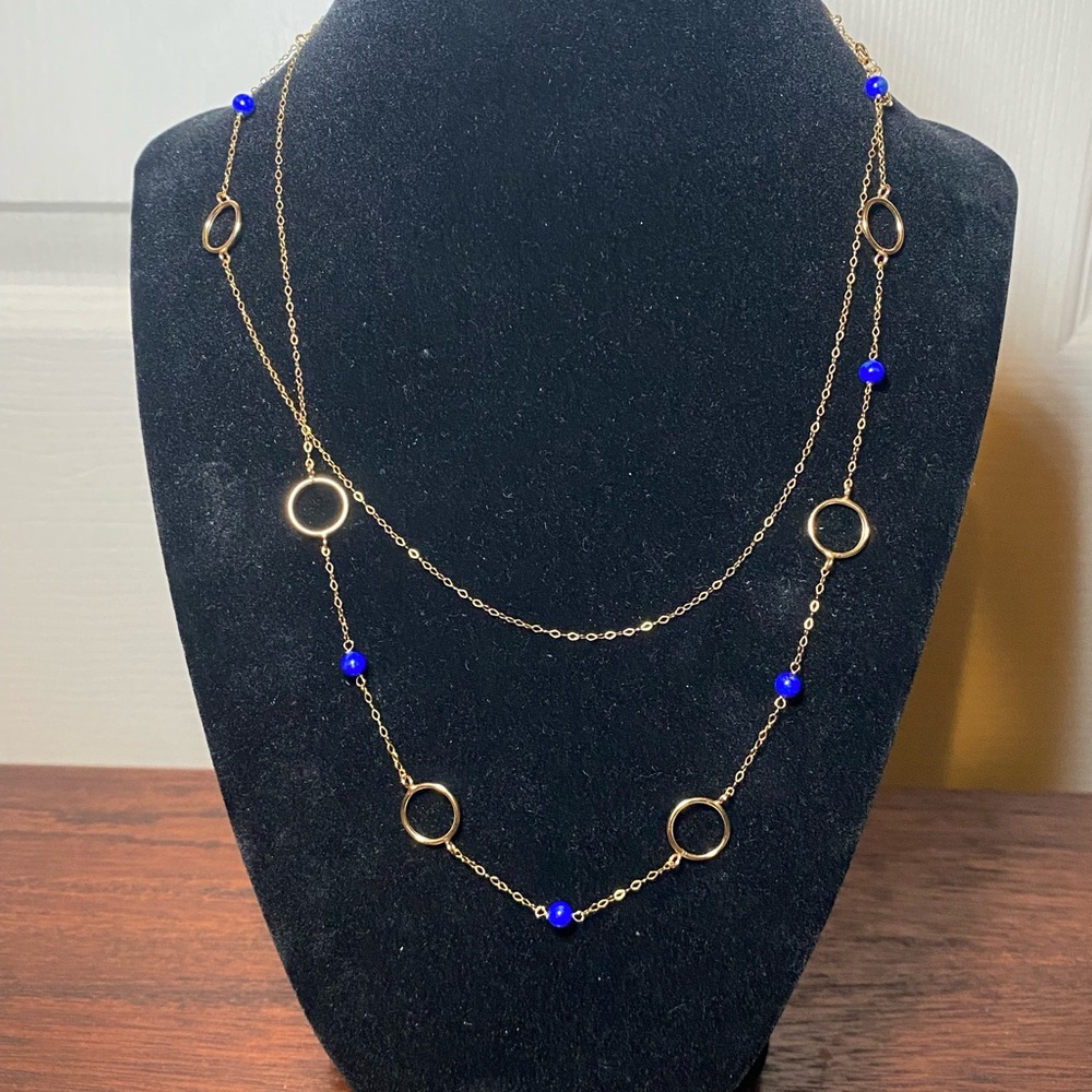 Vintage 14K Yellow Gold Round Lapis Bead & Circle Link Station Chain